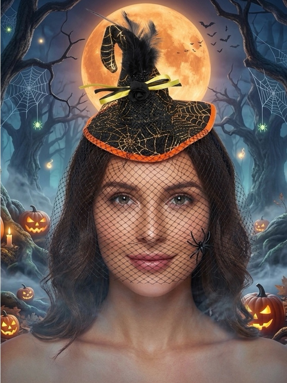 🧙Halloween Witch Hat Headband Veil Spider Web Feather Rose Orange Black
